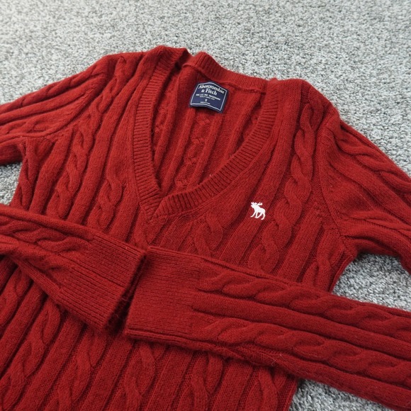 Abercrombie & Fitch Sweaters - Abercrombie Fitch Sweater Womens S Red Cable Knit V Neck Pullover Moose Logo Y2K